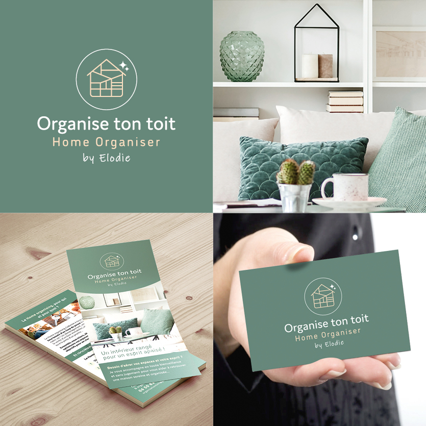 Création de l'identité visuelle de Organise ton toit : Home Organising by Elodie (logo, carte de visite, flyer).